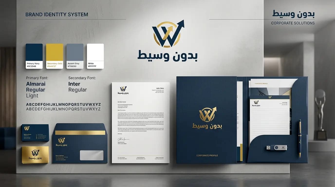 نظام هوية بدون وسيط لحلول الشركات بالأزرق والذهبي مع الملف التعريفي والمطبوعات