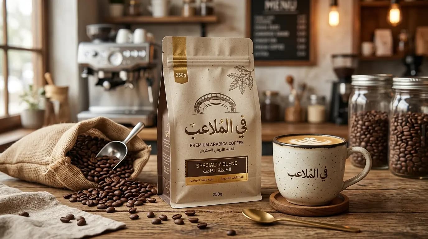 تطبيق هوية في الملاعب على أكواب وتغليف القهوة داخل مقهى عربي