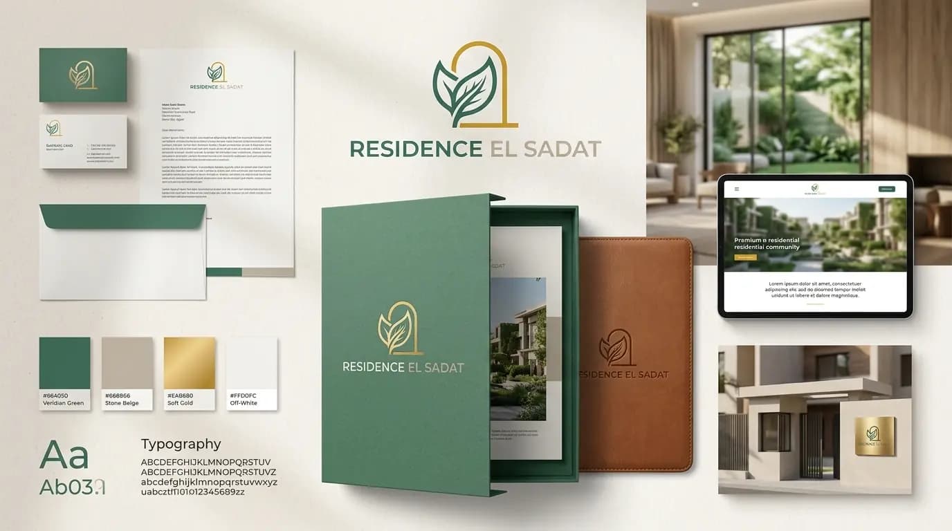 نظام هوية ريزيدنس السادات العقارية بالأخضر والذهبي مع المطبوعات والموقع واللافتات