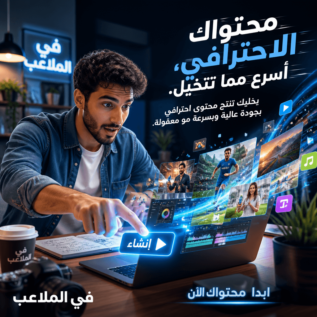 في الملاعب: محتواك الاحترافي، أسرع مما تتخيل. صانع محتوى أمام حاسوبه، محاط بمشاهد فيديو وأدوات إنتاج.