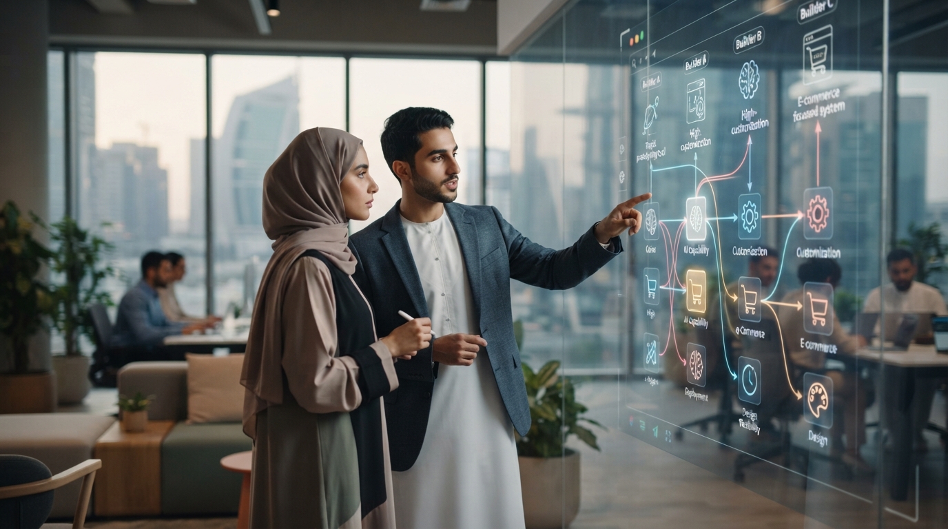 جدول مقارنة أو مخطط انسيابي لأدوات بناء المواقع المدعومة بالذكاء الاصطناعي وميزاتها، مع مستخدم يشير إلى خيار محدد.