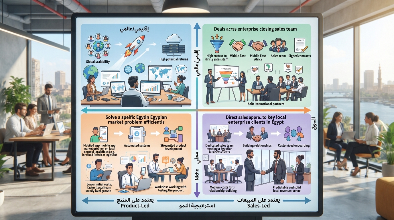 مصفوفة قرارات تفصيلية لرواد أعمال الساس في مصر، توضح مسارات مختلفة للوصول إلى مليون دولار من الإيرادات السنوية المتكررة، مع محاور لتركيز السوق واستراتيجية النمو. مصفوفة قرارات تفصيلية لرواد أعمال الساس في مصر، توضح مسارات مختلفة للوصول إلى مليون دولار من الإيرادات السنوية المتكررة، مع محاور لتركيز السوق واستراتيجية النمو.