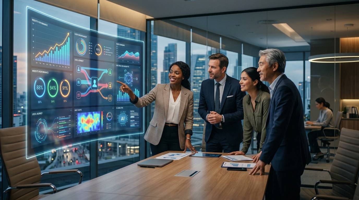 مجموعة من المحترفين ينظرون بثقة إلى لوحة تحكم رقمية مستقبلية تعرض مقاييس أداء موقع ويب ورؤى مدفوعة بالذكاء الاصطناعي.