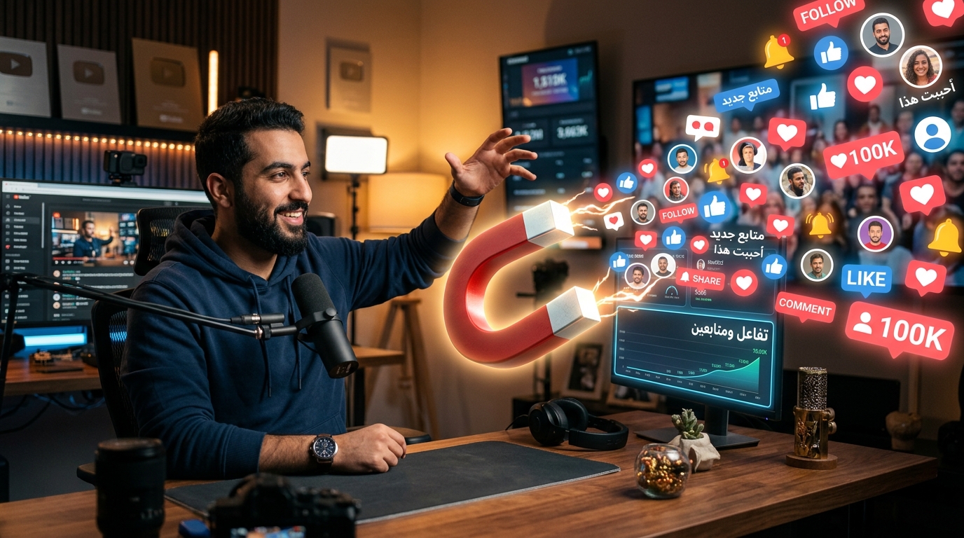 مغناطيس يجذب رموز متابعين وتفاعل نحو صانع محتوى.