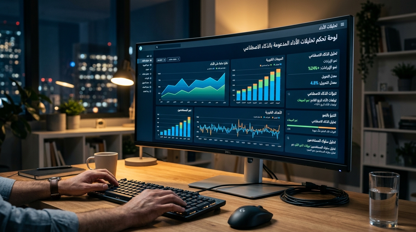 شاشة كمبيوتر تعرض رسوم بيانية وتحليلات أداء مدعومة بالذكاء الاصطناعي.