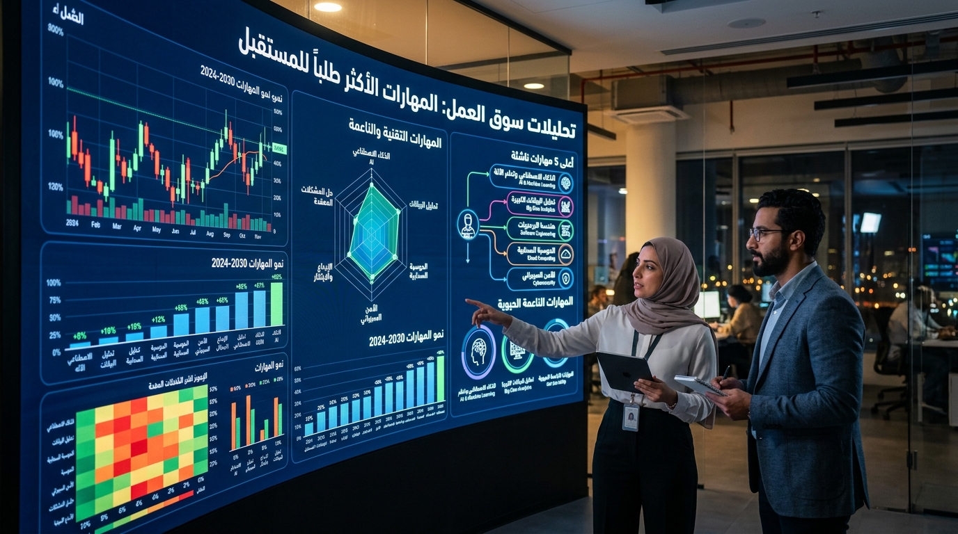 شاشة عرض تعرض رسوم بيانية معقدة لبيانات السوق وتحليلاتها، مع إبراز المهارات الأكثر طلباً للمستقبل.